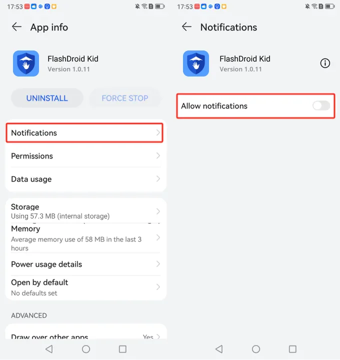 FlashDroid Kid notifications screen on Huawei with the Allow notifications toggle to switch on