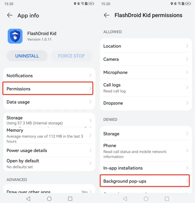 FlashDroid Kid permissions on Huawei with Background pop-ups highlighted to allow