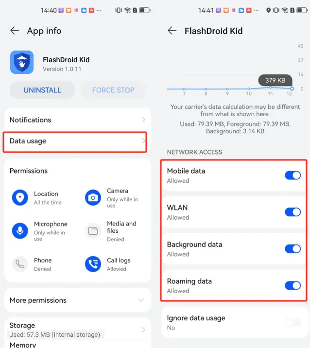 FlashDroid Kid data usage on HarmonyOS 4 with all four network access toggles allowed