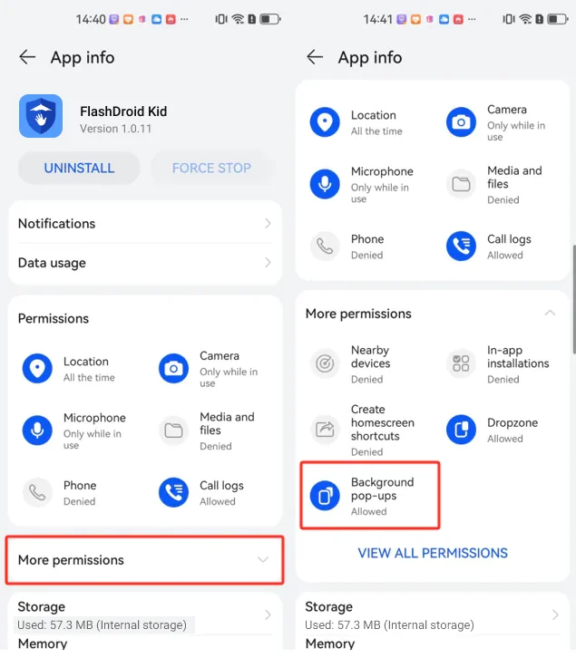 FlashDroid Kid App info on HarmonyOS 4 with More permissions expanded showing Background pop-ups allowed