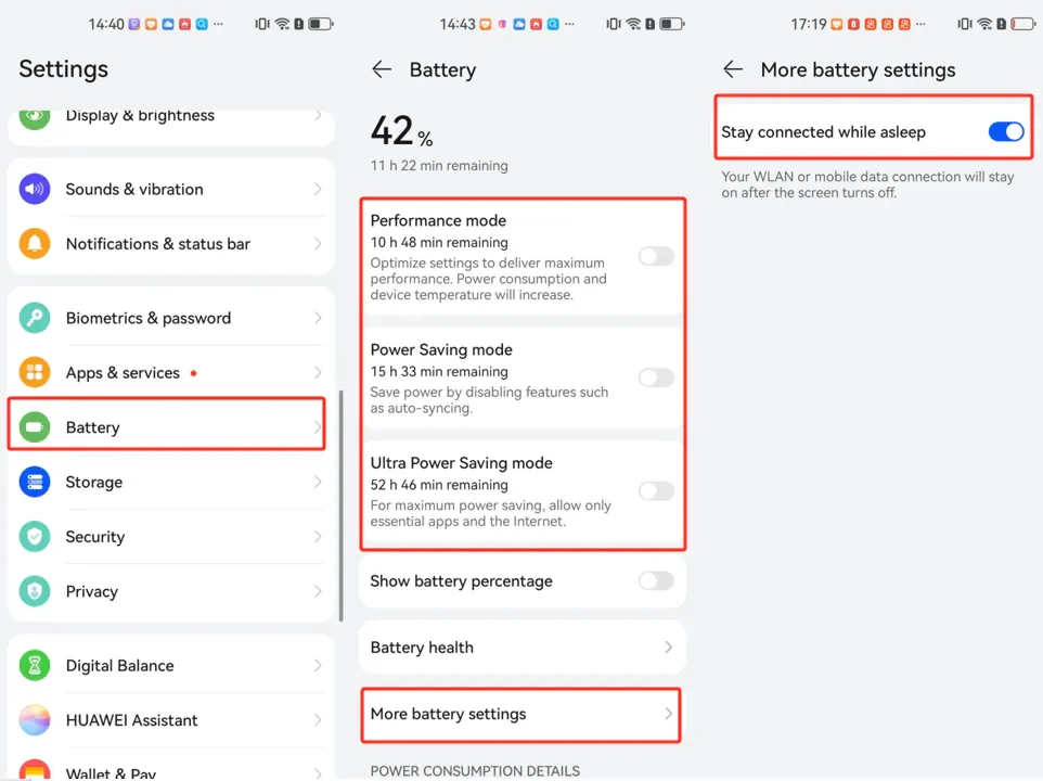 HarmonyOS 4 Battery settings with saving modes off and Stay connected while asleep on