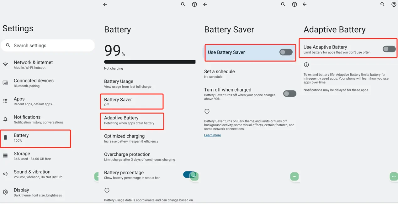 Motorola Battery settings with Battery Saver and Adaptive Battery both switched off