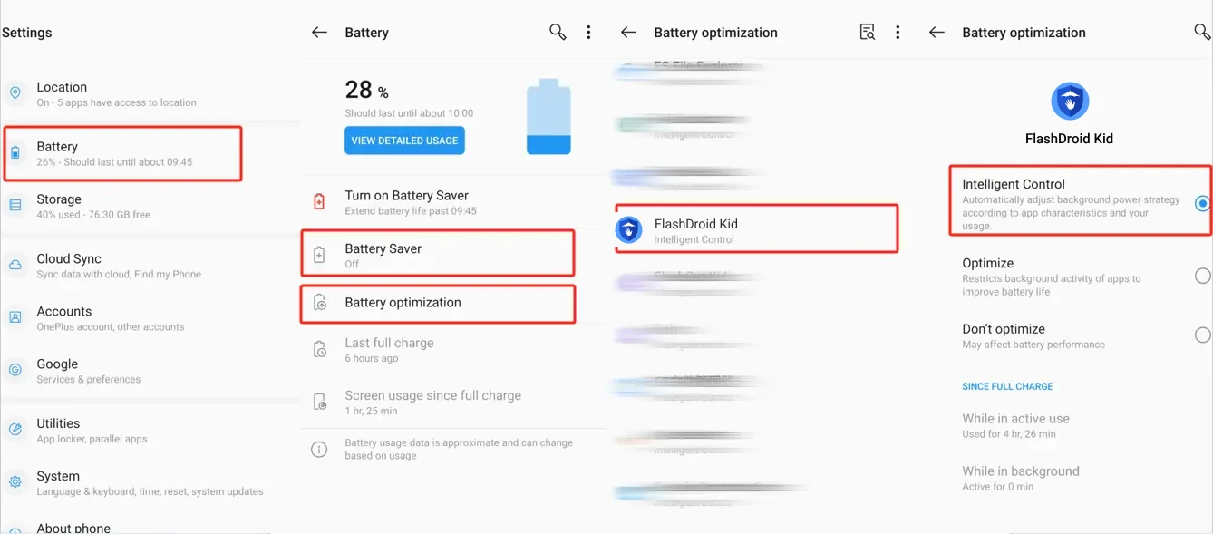 OnePlus Battery optimization screen for FlashDroid Kid with Intelligent Control still selected, above the Optimize and Don't optimize options
