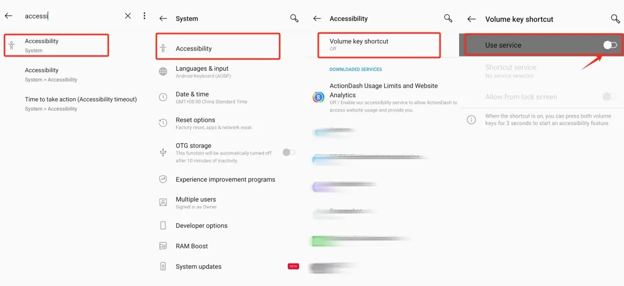 OnePlus settings search for accessibility, then System, then the Accessibility screen with its Downloaded services list