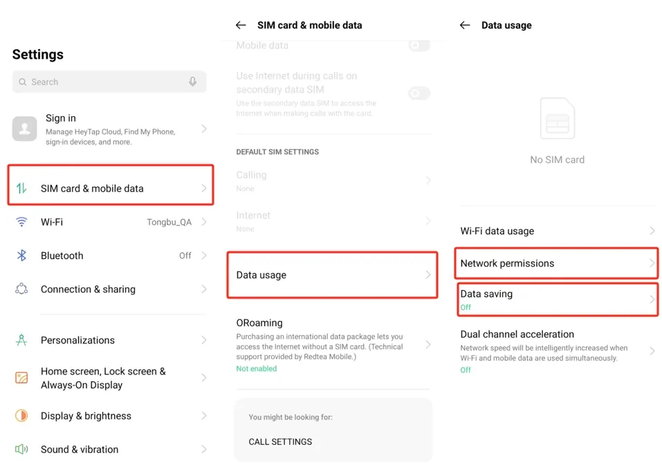 ColorOS settings showing SIM card and mobile data, then Data usage with Network permissions and Data saving