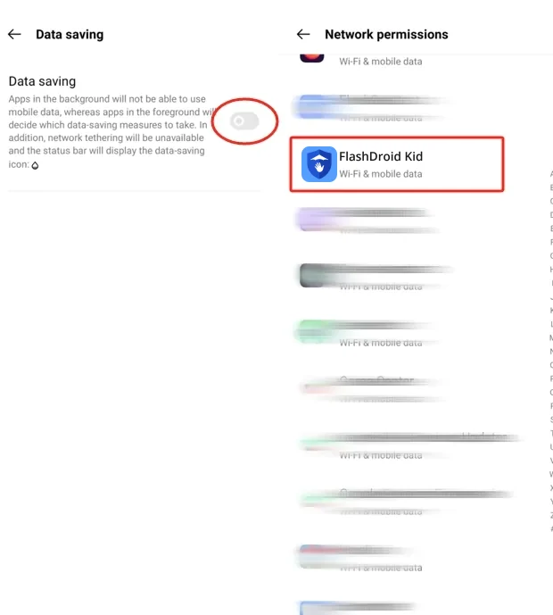 ColorOS Data saving toggle off and Network permissions with FlashDroid Kid allowed Wi-Fi and mobile data