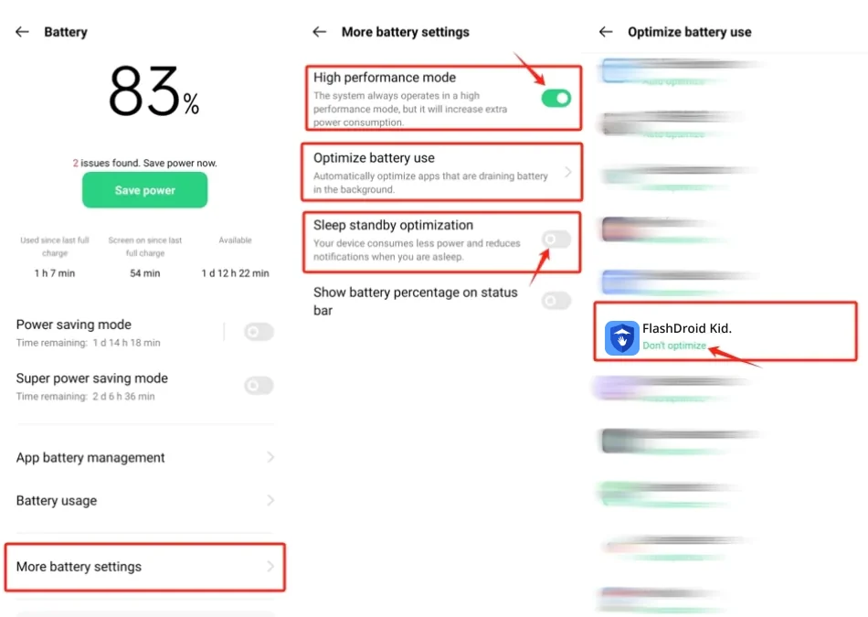 ColorOS More battery settings with High performance mode on, Sleep standby optimization off, and FlashDroid Kid set to Don't optimize