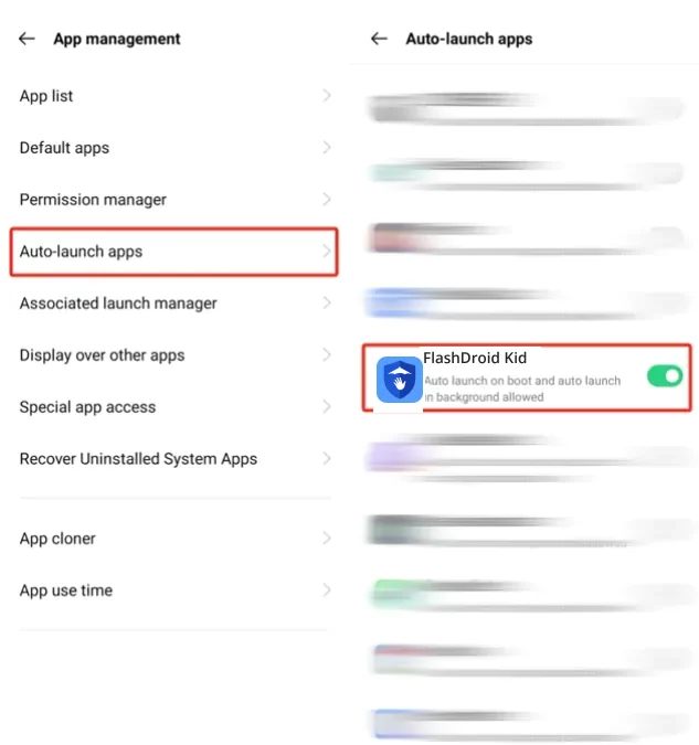 ColorOS Auto-launch apps list with FlashDroid Kid enabled