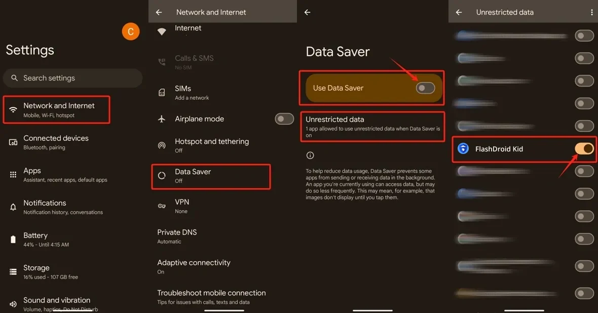 Pixel settings showing Network and Internet, Data Saver and the Unrestricted data list with FlashDroid Kid switched on