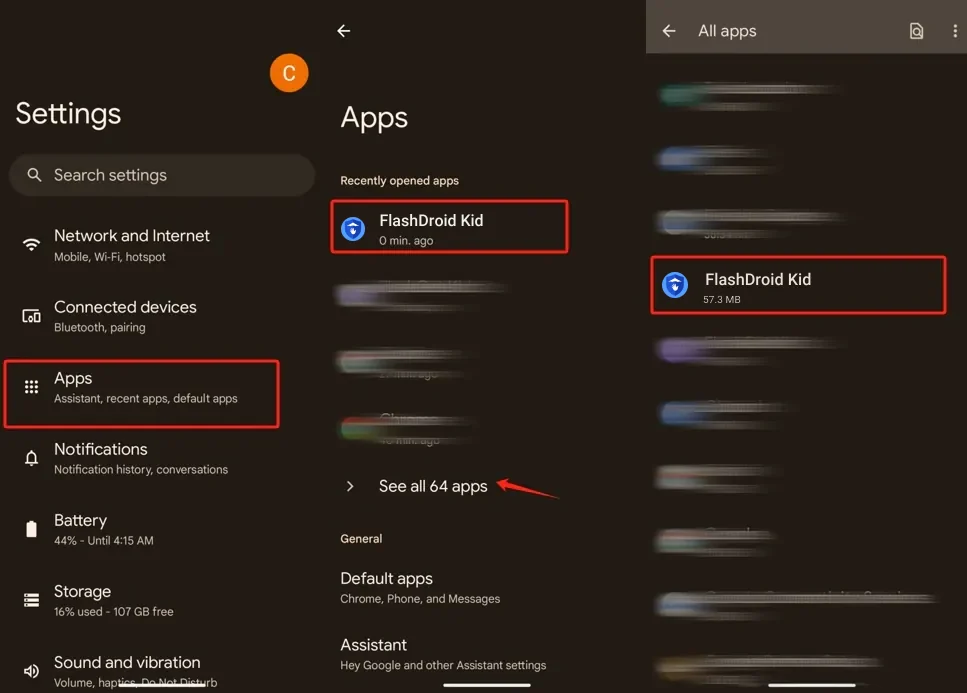 Pixel settings showing the Apps screen and FlashDroid Kid selected in the All apps list