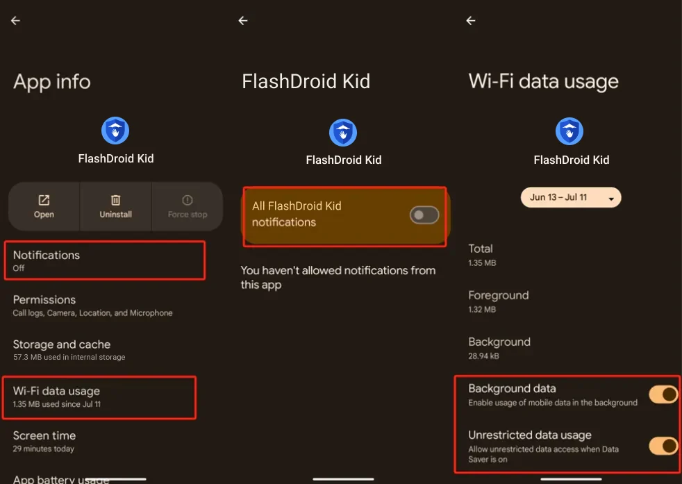 FlashDroid Kid App info on a Pixel with the data usage screen showing Background data and Unrestricted data usage both on