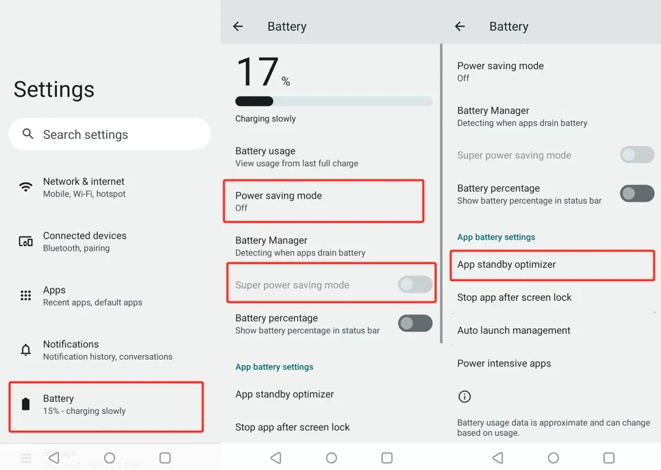 realme Battery screen with power saving modes off and App standby optimizer highlighted