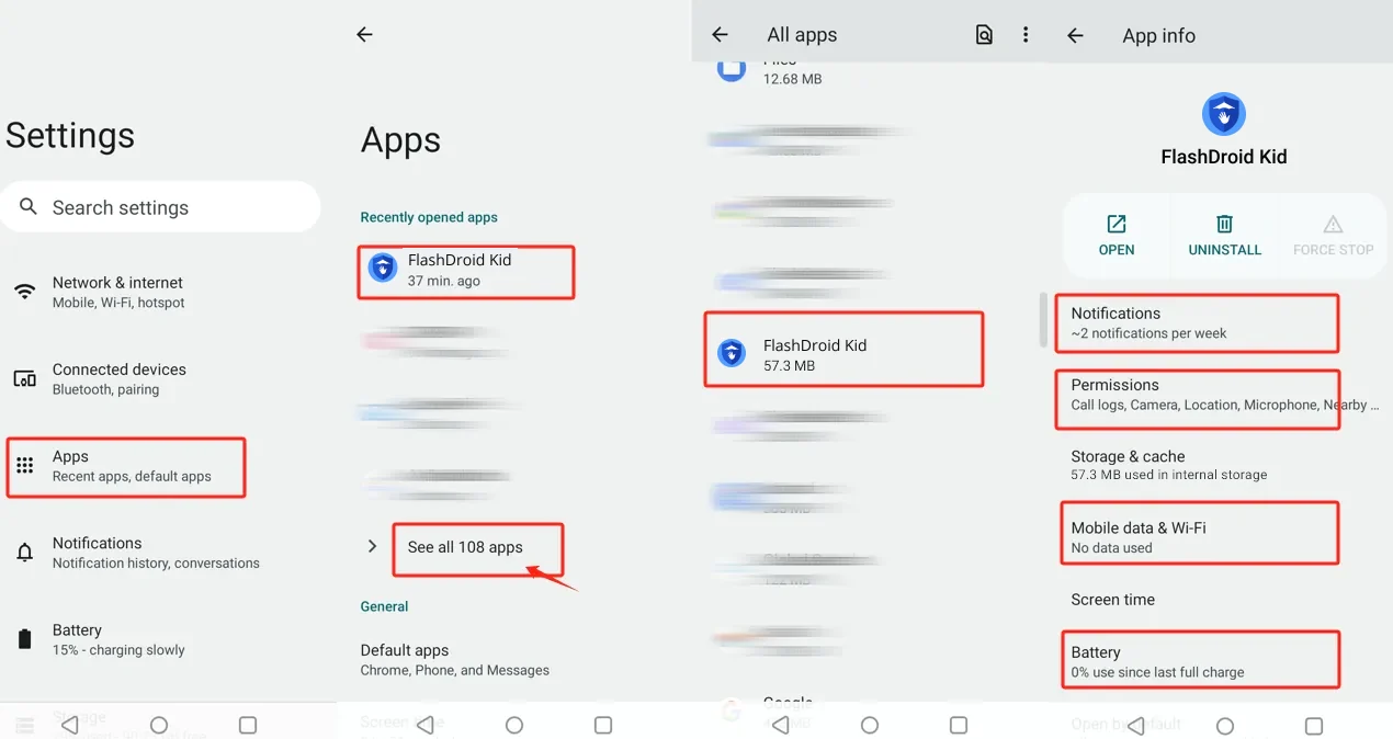 realme settings showing Apps, All apps and FlashDroid Kid's App info entries