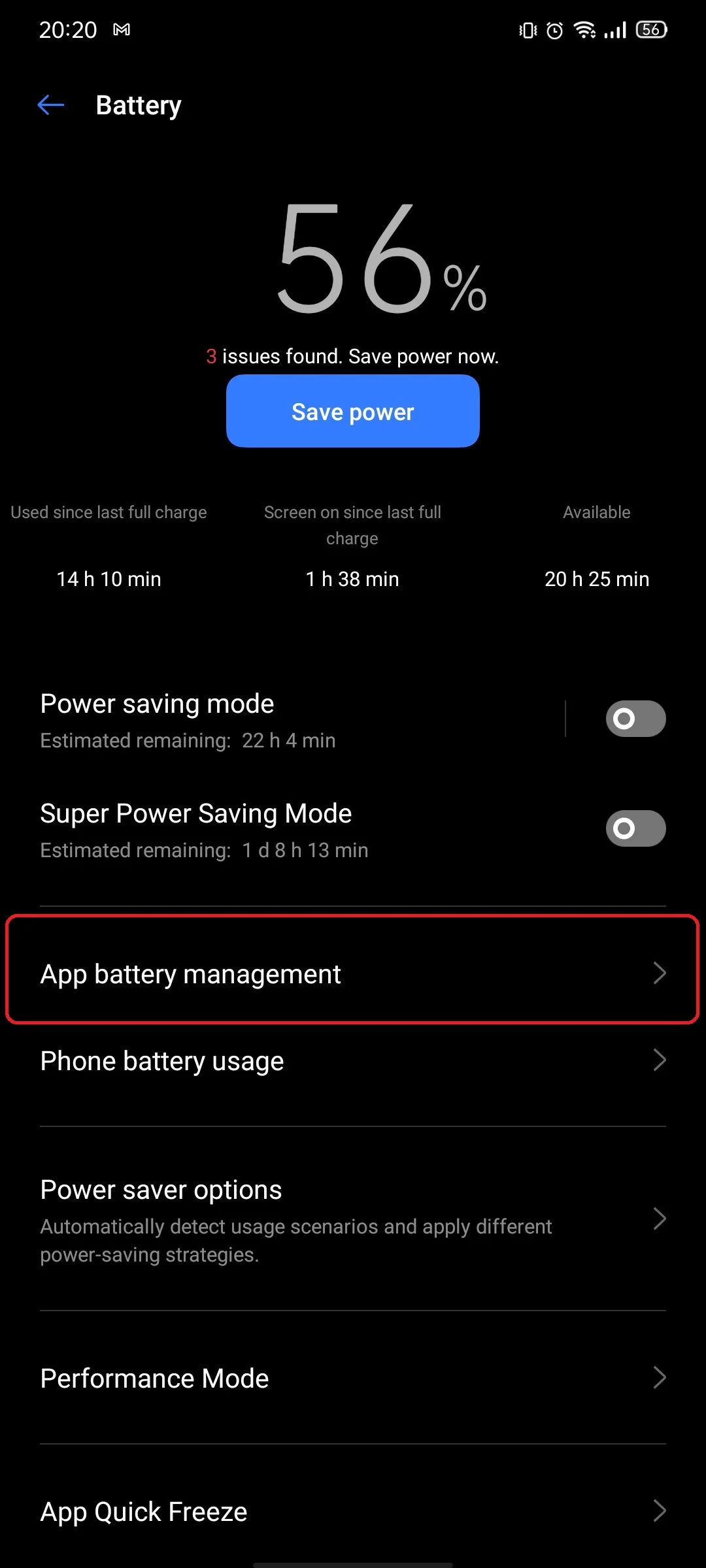 realme UI Battery screen with App battery management highlighted