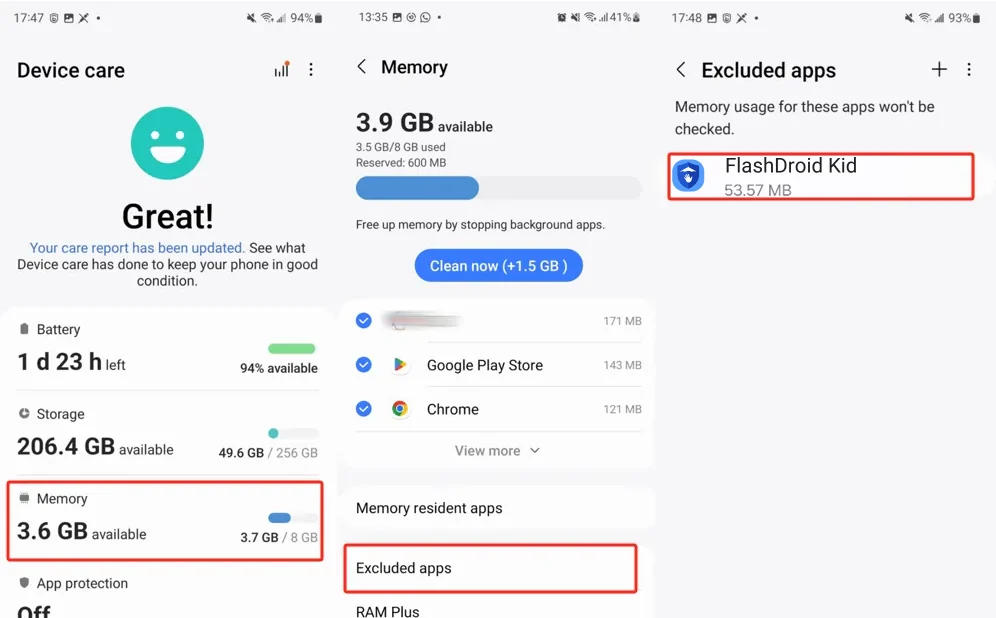 Device care Memory screen with Excluded apps list showing FlashDroid Kid added