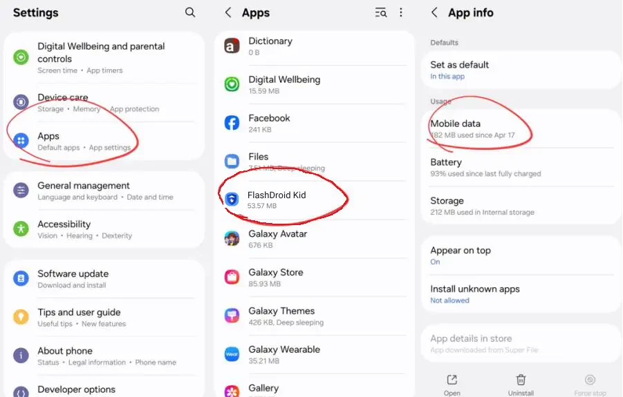 Samsung settings showing Apps, FlashDroid Kid and the Mobile data entry on the App info screen