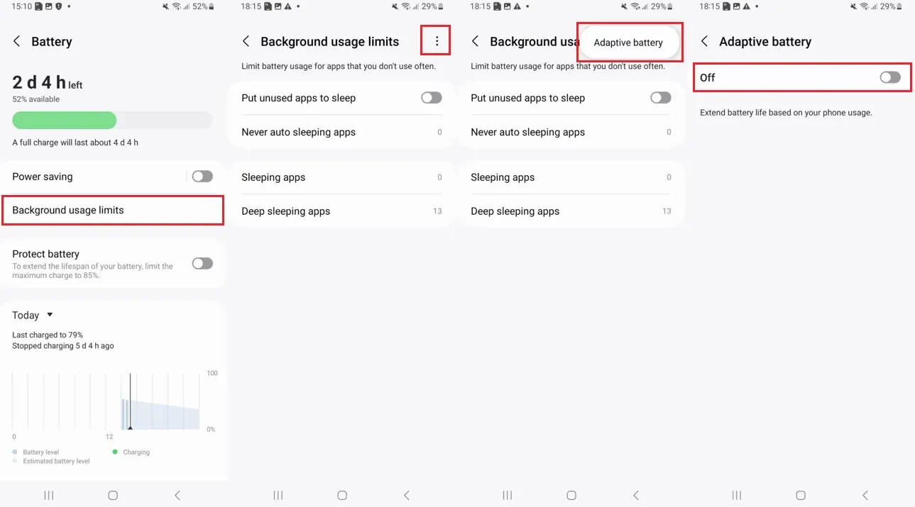 Background usage limits screen with Put unused apps to sleep disabled and Adaptive battery switched off