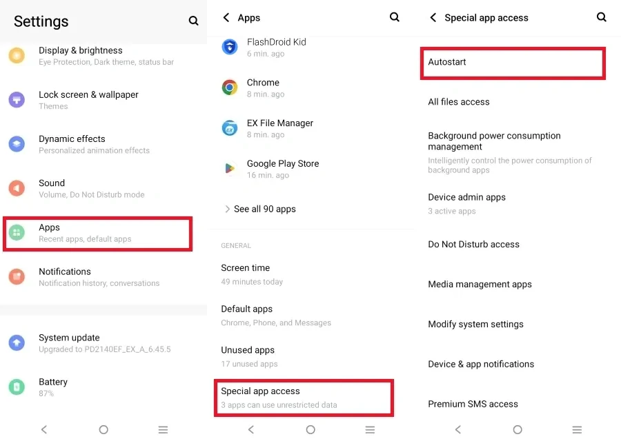 vivo settings showing Apps, Special app access and the Autostart entry