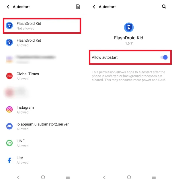 vivo Autostart list with FlashDroid Kid selected and the Allow autostart toggle switched on