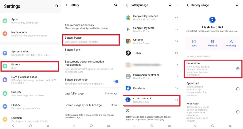 vivo Battery Usage screen with FlashDroid Kid selected and Unrestricted battery usage chosen