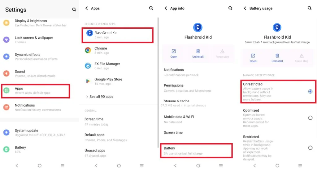 FlashDroid Kid App info on vivo with Battery selected and Unrestricted chosen