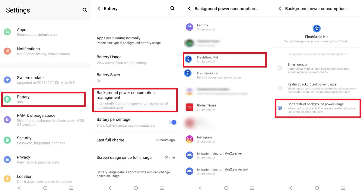 vivo Background power consumption management with FlashDroid Kid set to Don't restrict background power usage