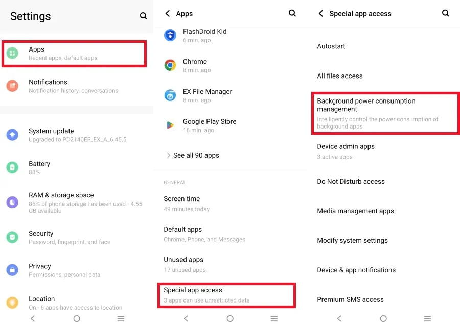 vivo Special app access list showing the Background power consumption management entry