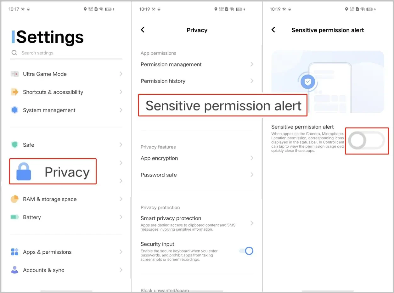 vivo Privacy settings with the Sensitive permission alert toggle switched off