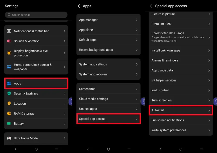 vivo settings on Android 15 showing Apps, Special app access and Autostart