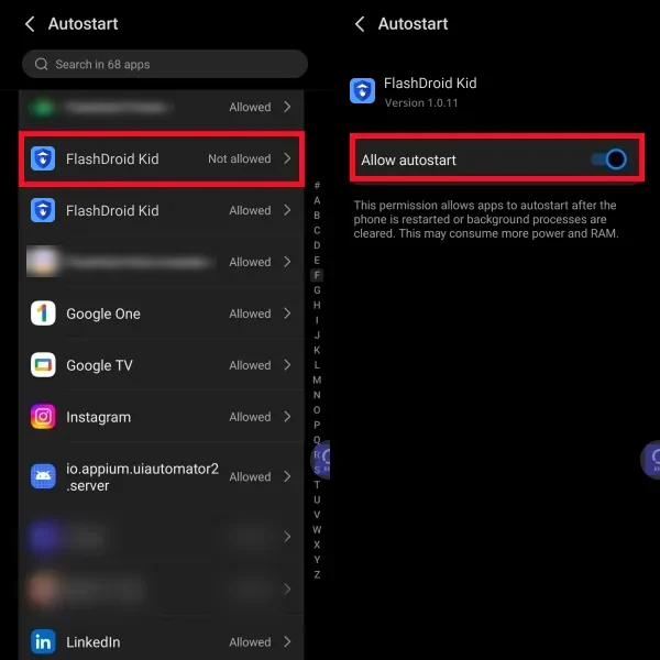 Autostart list with FlashDroid Kid selected and Allow autostart switched on
