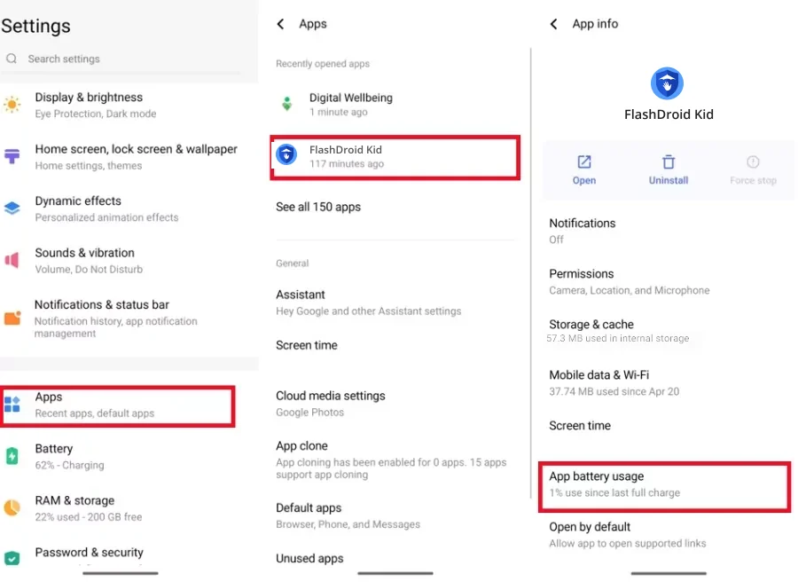 FlashDroid Kid App info on Android 15 vivo with App battery usage highlighted