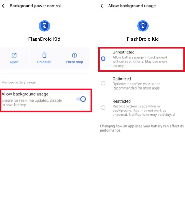Background power control with Allow background usage on and Unrestricted selected