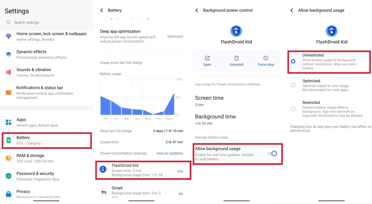 vivo power consumption rankings with FlashDroid Kid selected and unrestricted background usage allowed