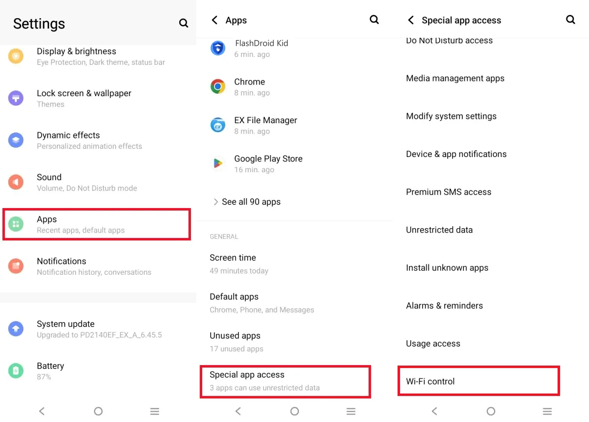 vivo Special app access list showing Wi-Fi control