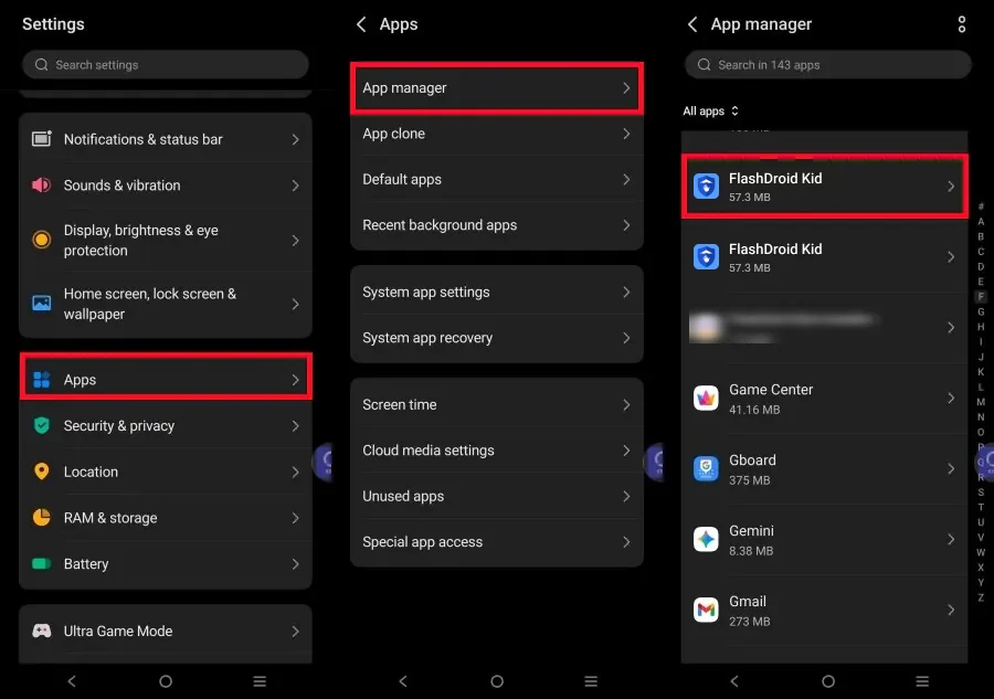 vivo App manager on Android 16 with FlashDroid Kid selected