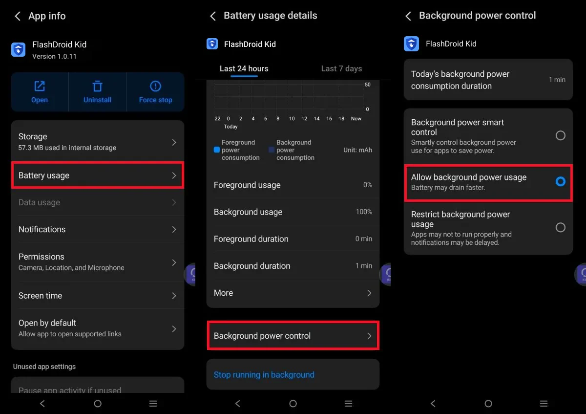 FlashDroid Kid battery usage details with Background power control set to Allow background power usage