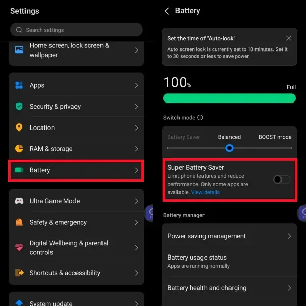 vivo Battery screen with Super Battery Saver off and mode set to Balanced