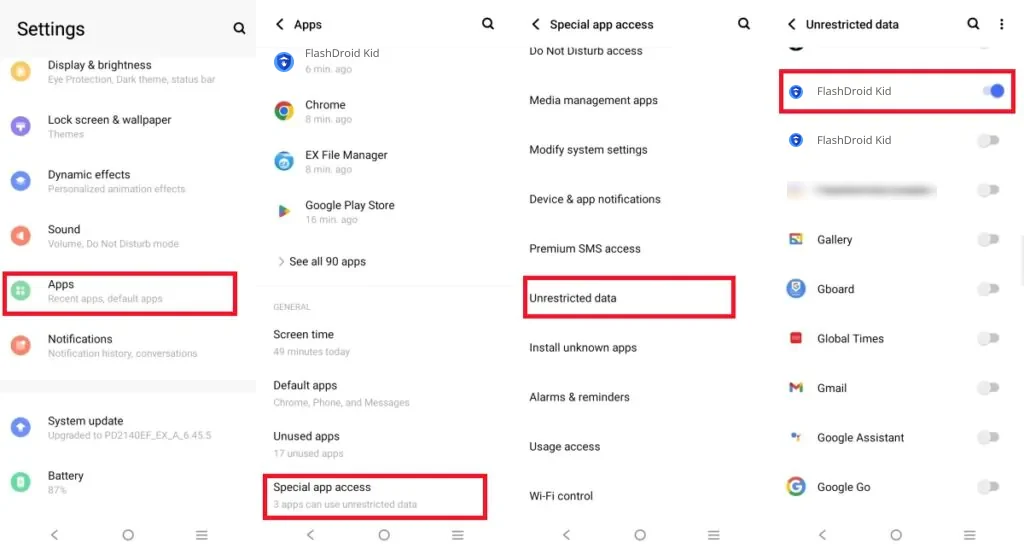 vivo Unrestricted data list with FlashDroid Kid switched on