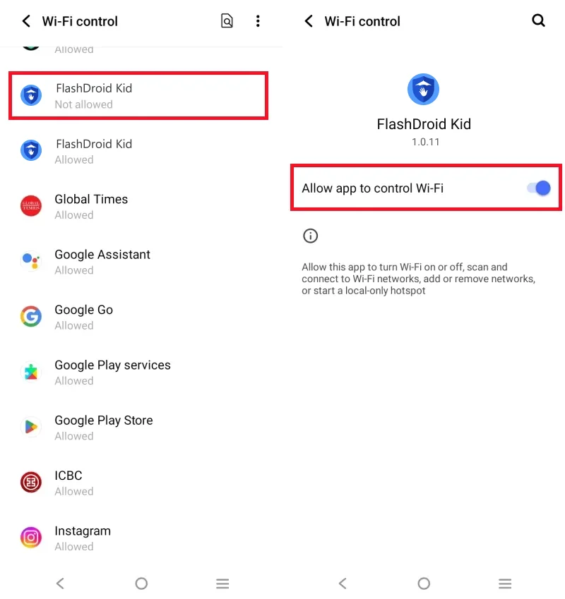 Wi-Fi control with Allow app to control Wi-Fi enabled for FlashDroid Kid