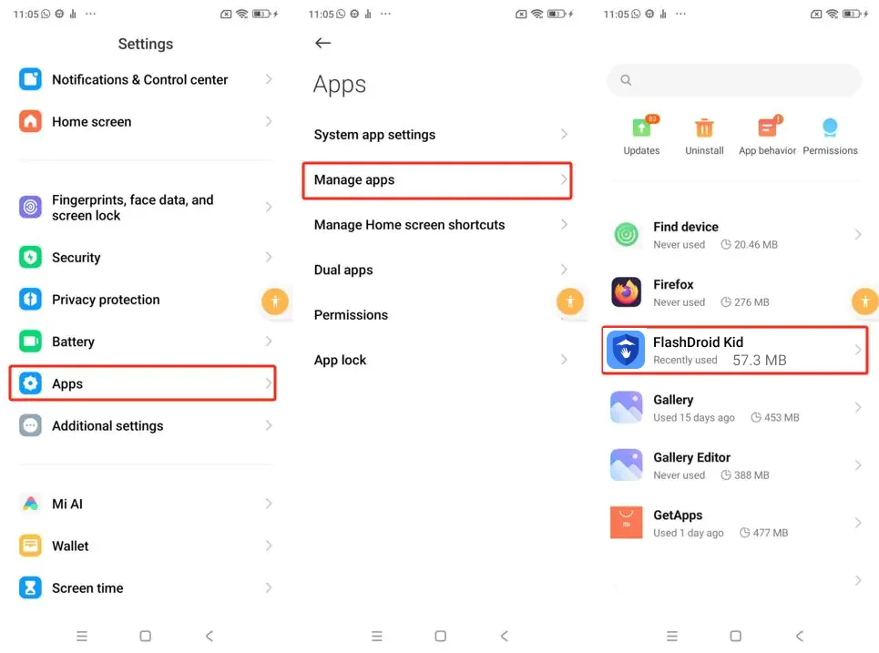 MIUI settings showing Apps, Manage apps and FlashDroid Kid in the app list