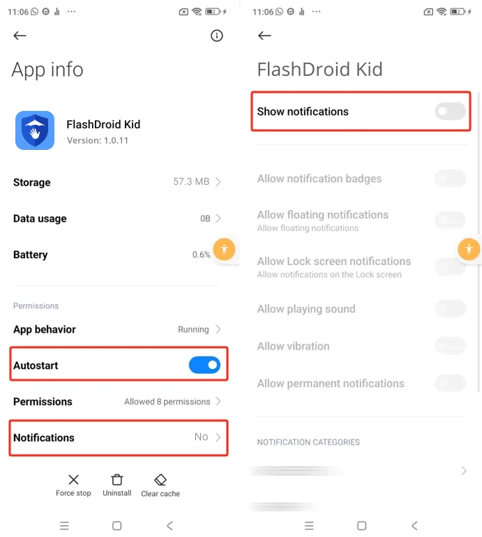 FlashDroid Kid App info on MIUI with the Autostart toggle on and the notifications screen with Show notifications to enable