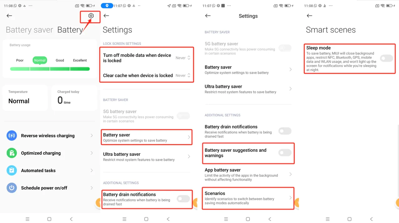 MIUI battery saver settings with lock-screen data and cache actions set to Never and Sleep mode off