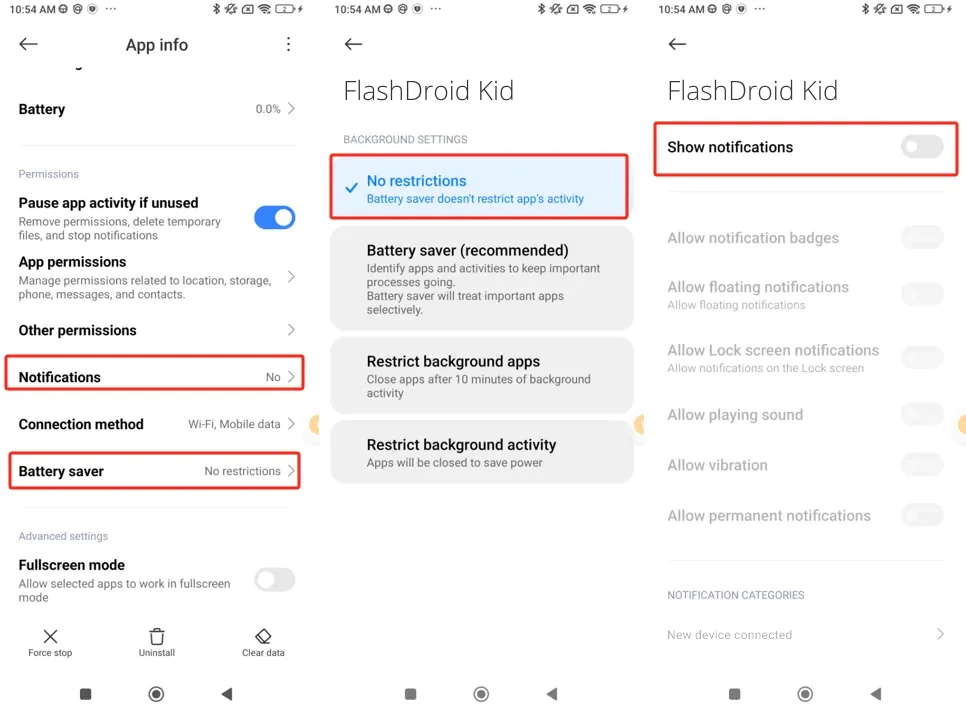 FlashDroid Kid background settings with No restrictions selected and the notifications screen with Show notifications to enable
