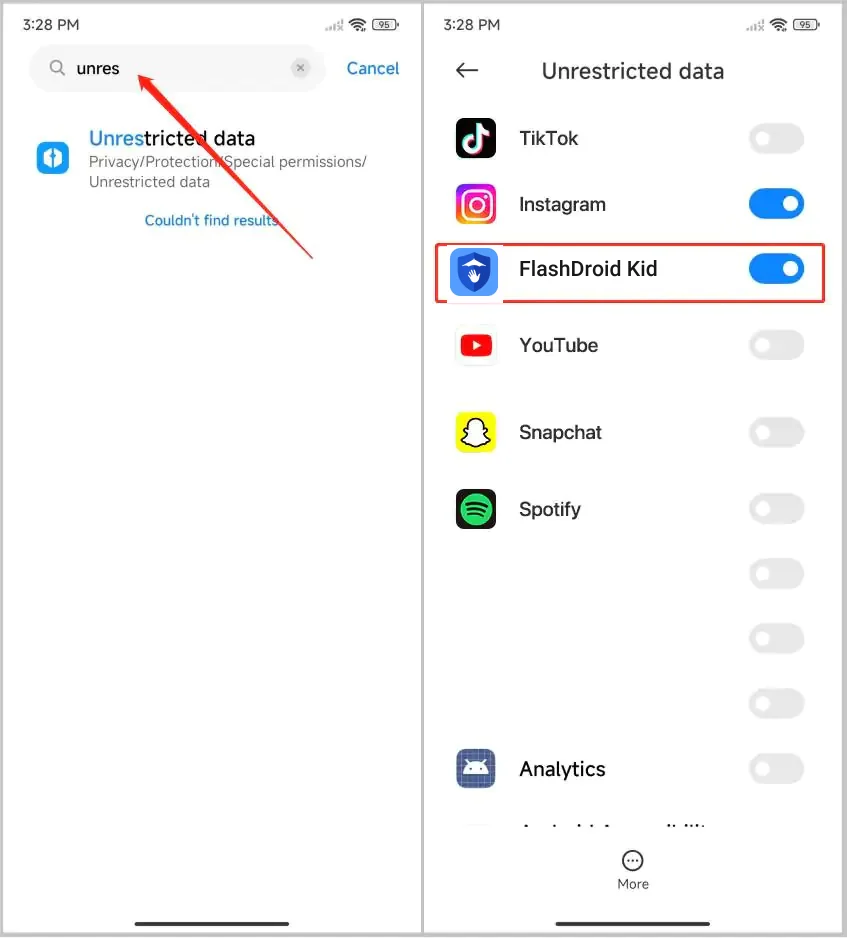 MIUI 14 Unrestricted data list with FlashDroid Kid switched on