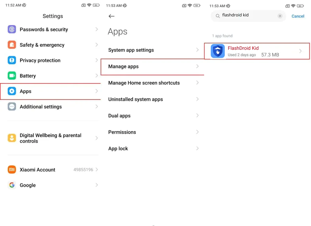 MIUI Manage apps with flashdroid kid typed in search and the FlashDroid Kid result shown