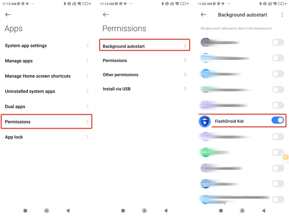 MIUI Background autostart permission list with FlashDroid Kid switched on
