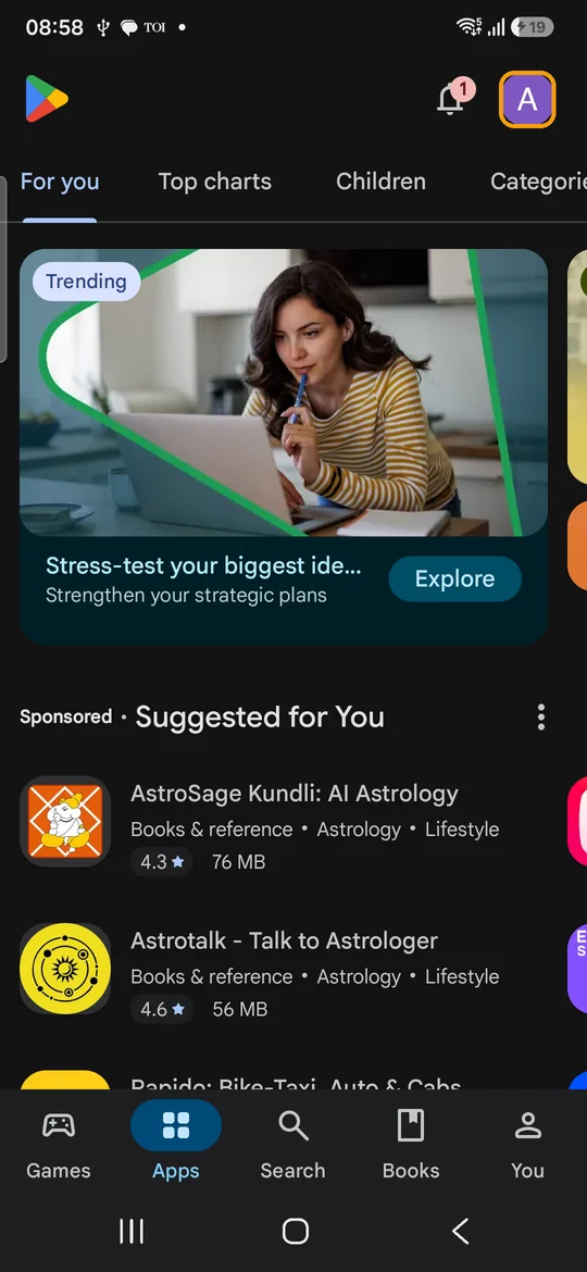 The Play Store home screen with the profile icon at the top right highlighted