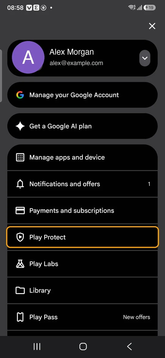 The Play Store account menu with the Play Protect row highlighted