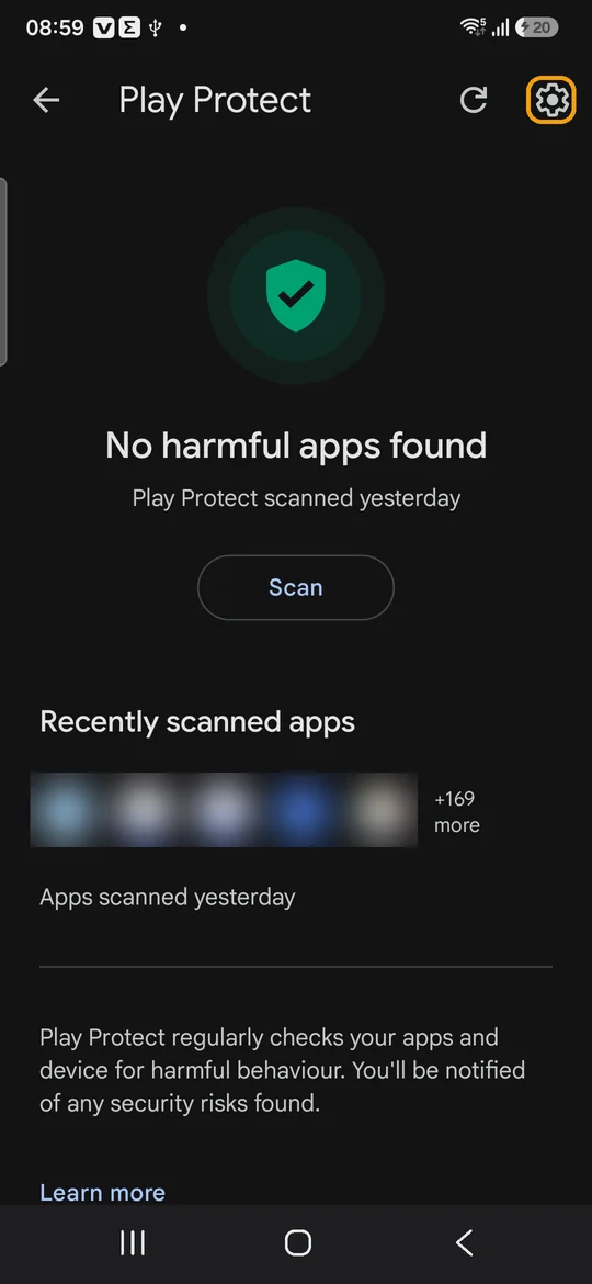 The Play Protect screen with the settings gear at the top right highlighted