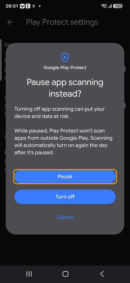 The Pause app scanning instead dialog, with the Pause button highlighted above Turn off and Cancel